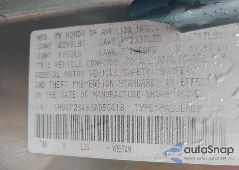 2009 Honda Accord 2.4 Lx-P из США, поврежденный, VIN 1HGCP26499A050418